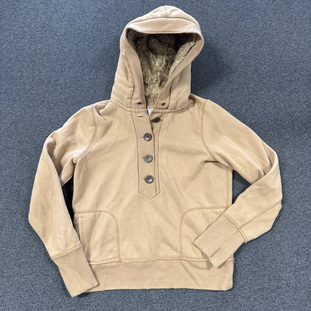 Vintage American Eagle Hoodie Womens Large Tan Good Faux Fur Hood Button Placket
